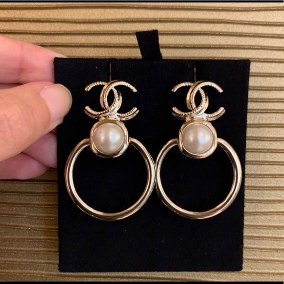 CHANEL Jewelry - CHANEL Golden & Pearl Dangle Hoop CC logo earrings NEW w/Tags from Cruise 2022!